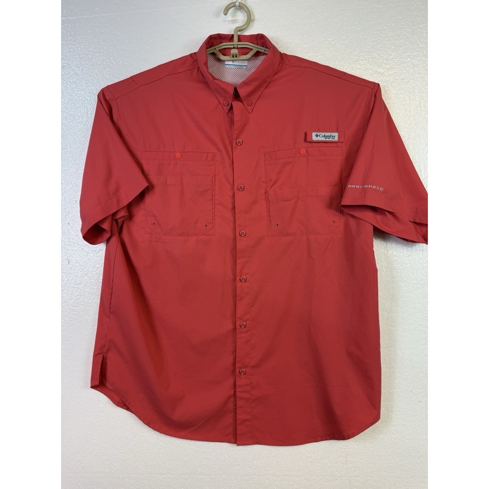 Columbia PFG Fishing Shirt Mens L Omni Shade Button Up Short Sleeve Vented Coral